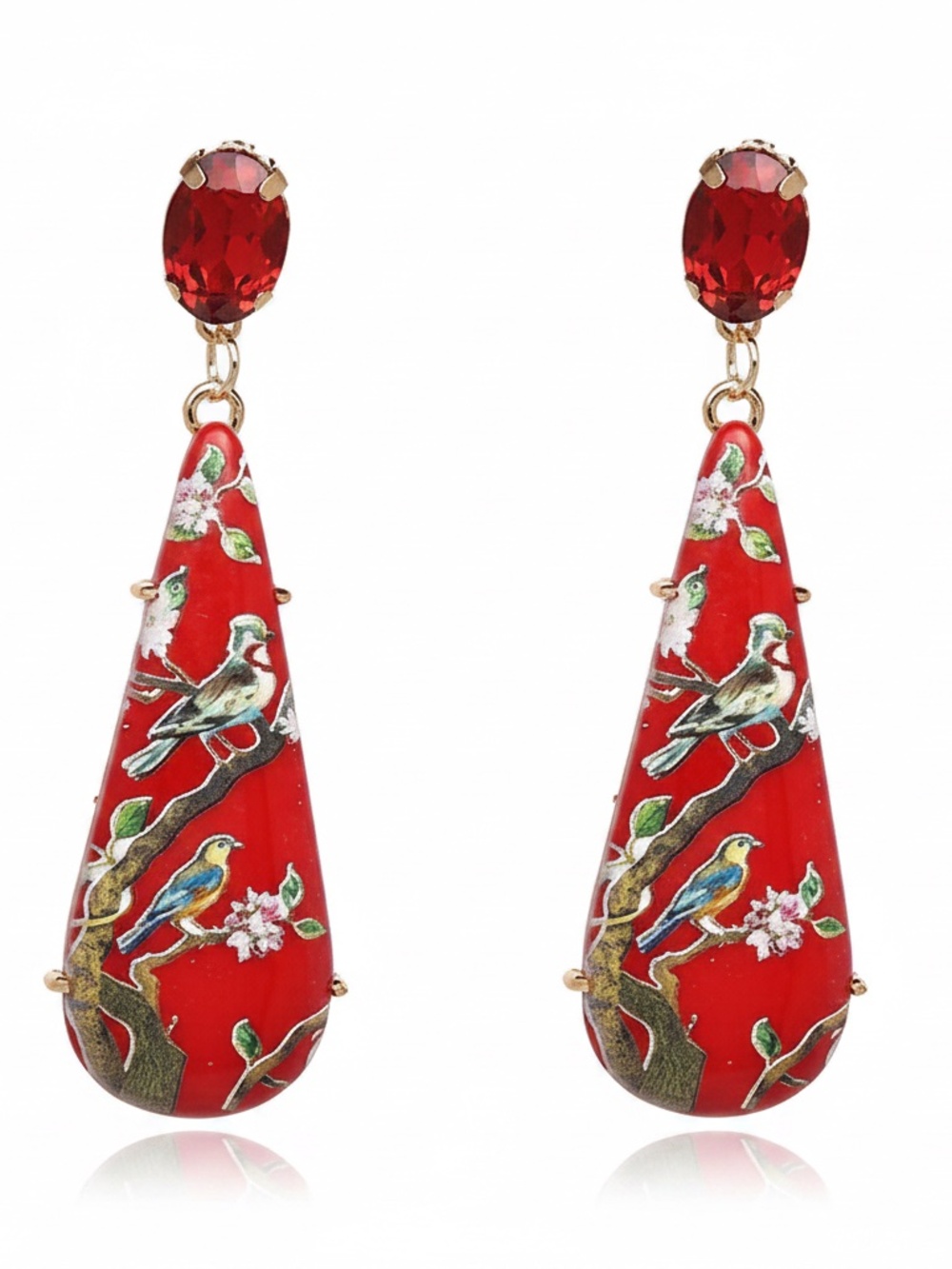 Womens Red Teardrop Vintage Design Earrings with Rhinestone Accent